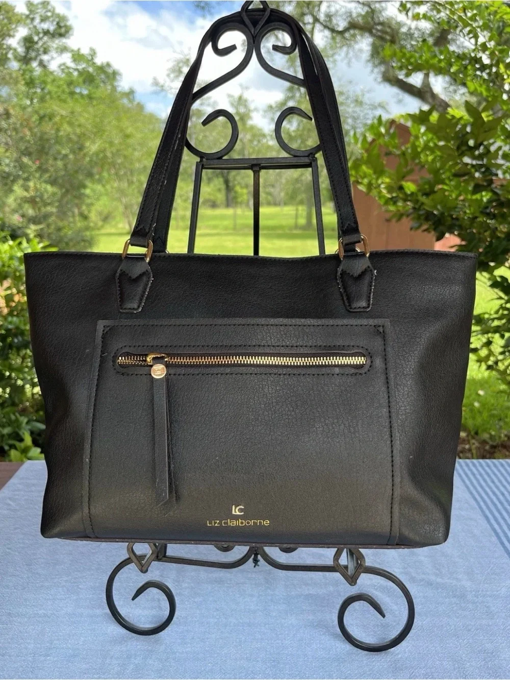 Liz Claiborne “Jessica” Black Leather Shoulder Tote with Gold Hardware